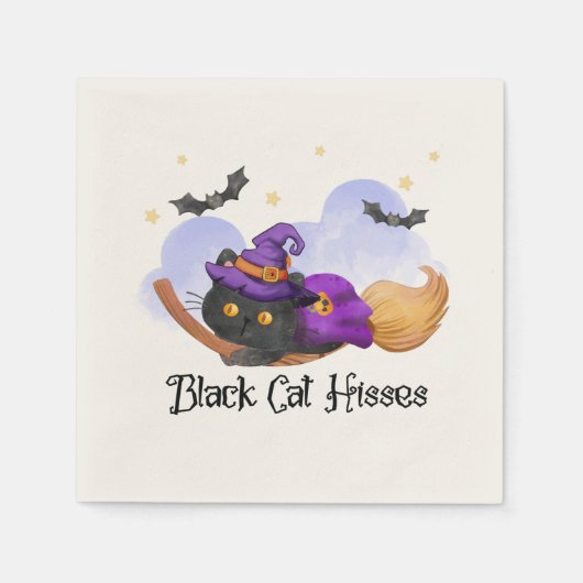 黒猫ヒッセ – ハロウィーン魔女猫 スタンダードカクテルナプキン (正面)