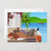黒猫ビーチパティオ002ハッピーバケーションバックグラウンド ポストカード (正面/裏面)