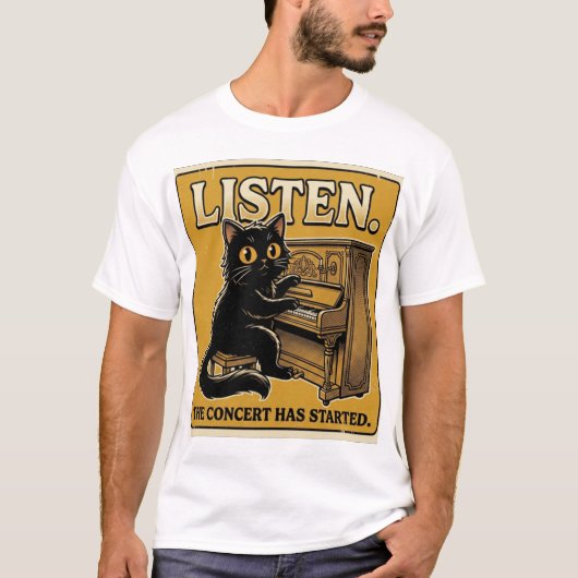 黒猫ピアノ音楽デザイン Tシャツ (正面)