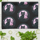 黒猫ピンクフルムーンシチュアルブラックハロウィーン キッチンタオル (折り畳み)