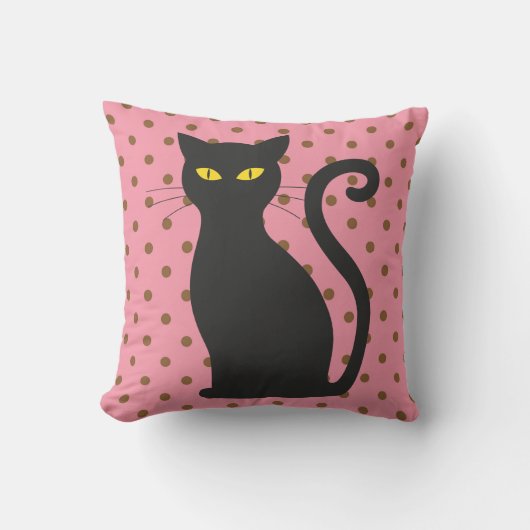 黒猫ピンク水玉模様枕 クッション (正面)