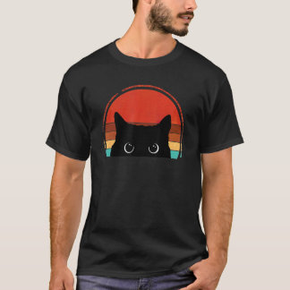 黒猫ピーキングサンセットヴィンテージ黒猫ハロー Tシャツ