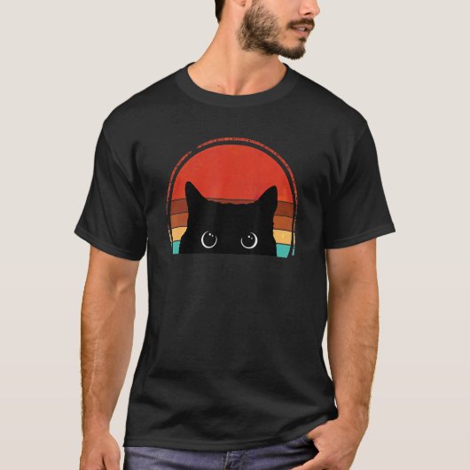 黒猫ピーキングサンセットヴィンテージ黒猫ハロー Tシャツ (正面)