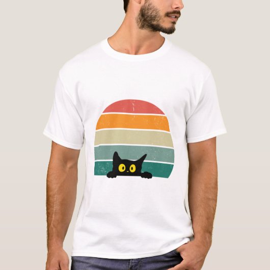 黒猫ピーキングサンセットヴィンテージ4 Tシャツ (正面)