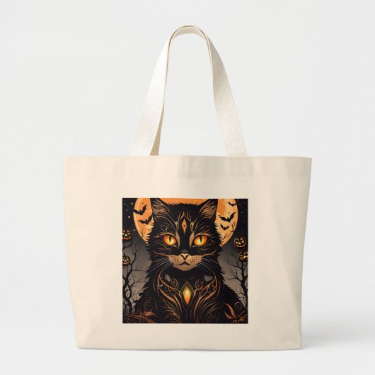 黒猫ファンシー満月とこうもり ラージトートバッグ (正面)