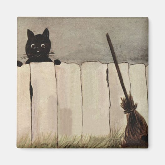 黒猫フェンスの魔女の箒 マグネット (正面)