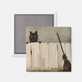 黒猫フェンス魔女の箒 マグネット (正面/裏面)