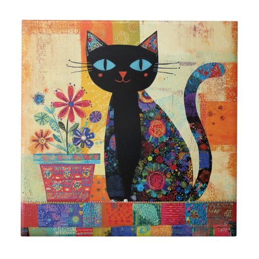 黒猫フォルクロアアート タイル (正面)