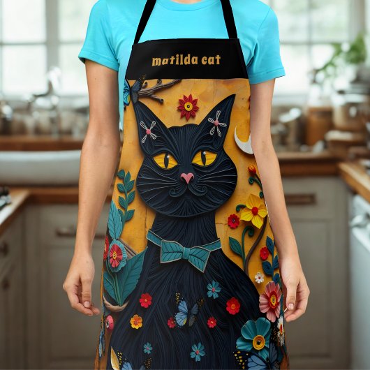 黒猫フォークアートカラフルフローラエプロン エプロン