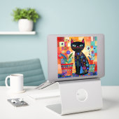 黒猫フォークアート シール (デスク上のノートパソコン)