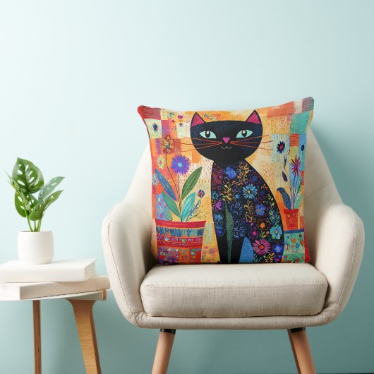 黒猫フォークアート（鉢植え） クッション (椅子)