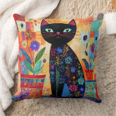 黒猫フォークアート（鉢植え） クッション (ブランケット)