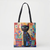 黒猫フォークアート(鉢植え) トートバッグ (正面)