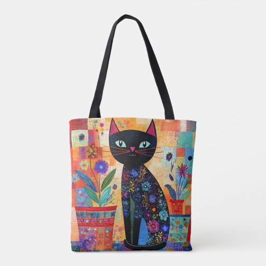 黒猫フォークアート(鉢植え) トートバッグ (裏面)