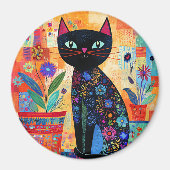 黒猫フォークアート(鉢植え) マグネット (正面)