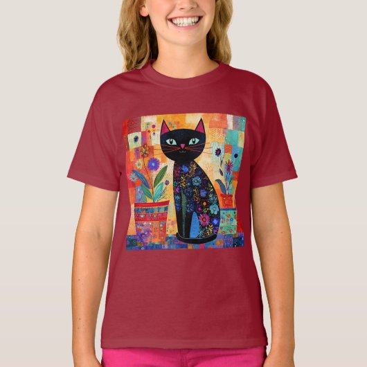 黒猫フォークアート Tシャツ (正面)