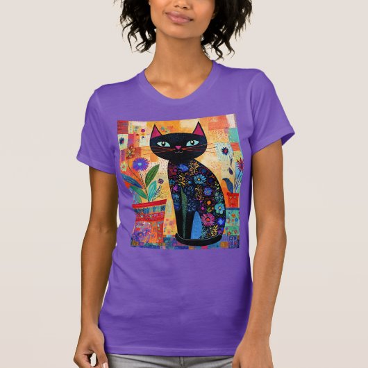 黒猫フォークアート Tシャツ (正面)