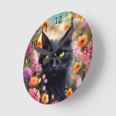 黒猫フラワーズガーデンキャット736 ラウンド壁時計 (傾斜)