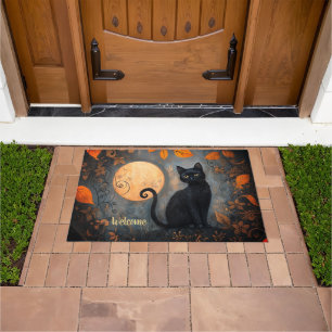 黒猫フルムーンハロウィン華美ウェルカム ドアマット