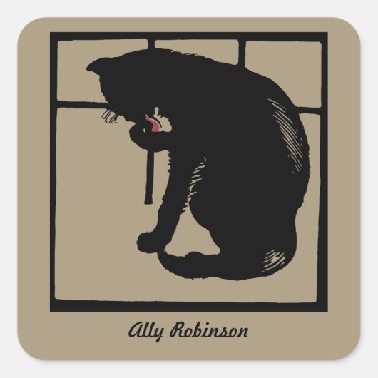 黒猫ベクトルアート（木版） スクエアシール (正面)