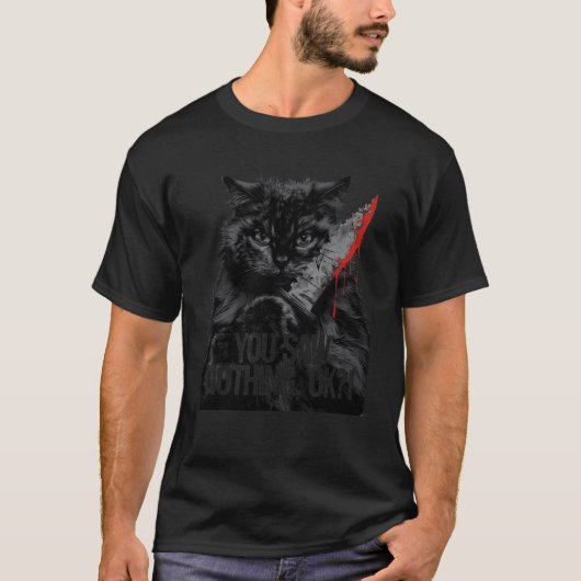 黒猫ホラー不気味ゴスロウィーン猫S Tシャツ (正面)