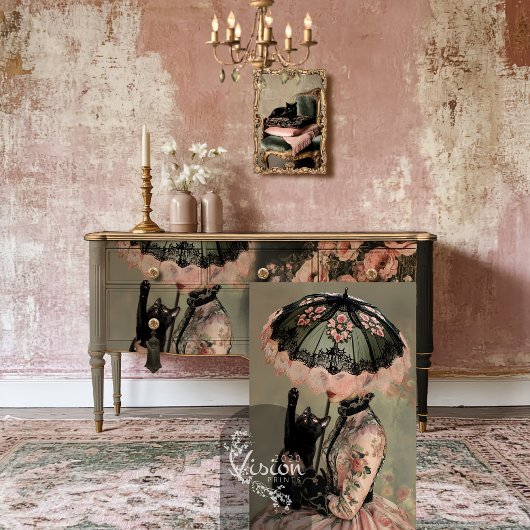 黒猫ポートレート&パラソルビクトリアン女性 薄葉紙