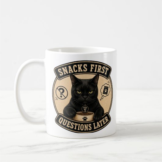 黒猫マグカップ｜最初におやつ、後で質問 コーヒーマグカップ (左)