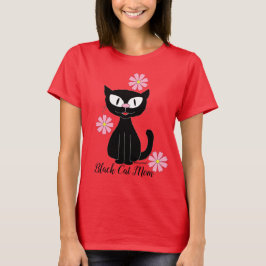 黒猫ママと可愛いピンクの花 猫好き Tシャツ