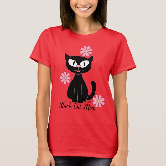 黒猫ママと可愛いピンクの花 猫好き Tシャツ (正面)