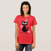 黒猫ママと可愛いピンクの花 猫好き Tシャツ (正面フル)