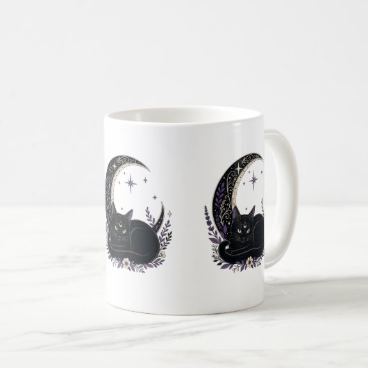 黒猫ママ かわいいゴシック魔女 三日月 コーヒーマグカップ (正面右)