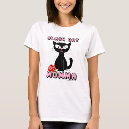 黒猫ママ 笑顔のキャラクター猫と赤いバラ Tシャツ
