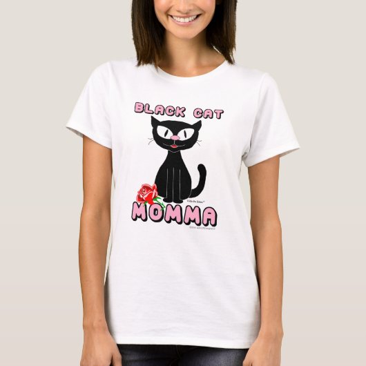黒猫ママ 笑顔のキャラクター猫と赤いバラ Tシャツ (正面)