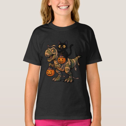 黒猫ミイラTレックス – かわいいハロウィーンDino Tシャツ (正面)