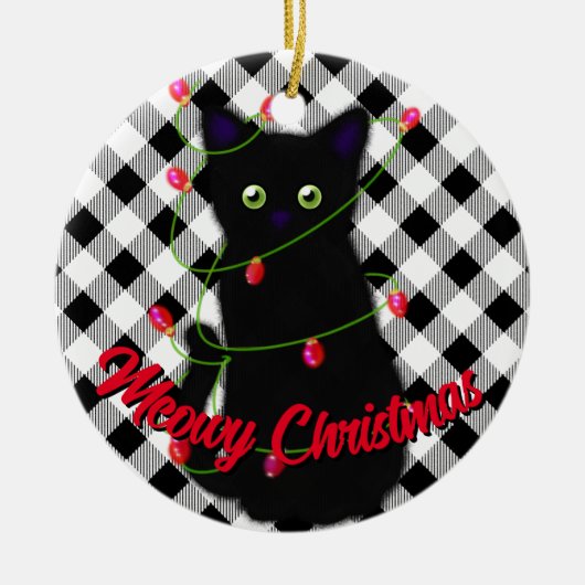 黒猫ミオウィクリスマスキラキラとギンガム セラミックオーナメント (正面)