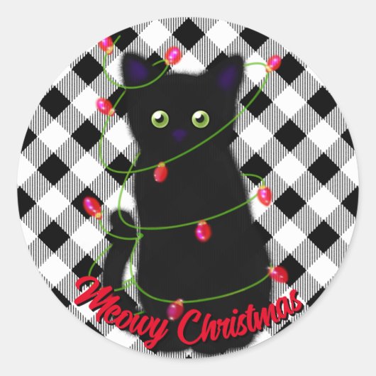 黒猫ミオウィクリスマスキラキラとギンガム ラウンドシール (正面)
