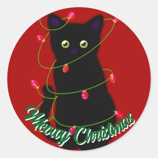 黒猫ミオウィクリスマス赤いキラキラ ラウンドシール (正面)
