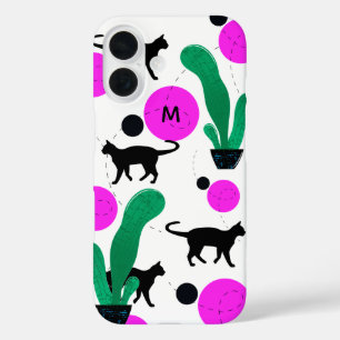 黒猫モダンとサボテン模様モノグラム iPhone 16ケース