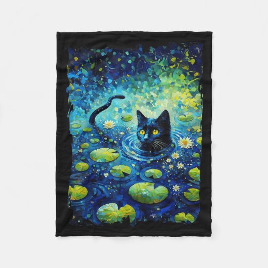黒猫モネのスイレンの絵 フリースブランケット (正面)
