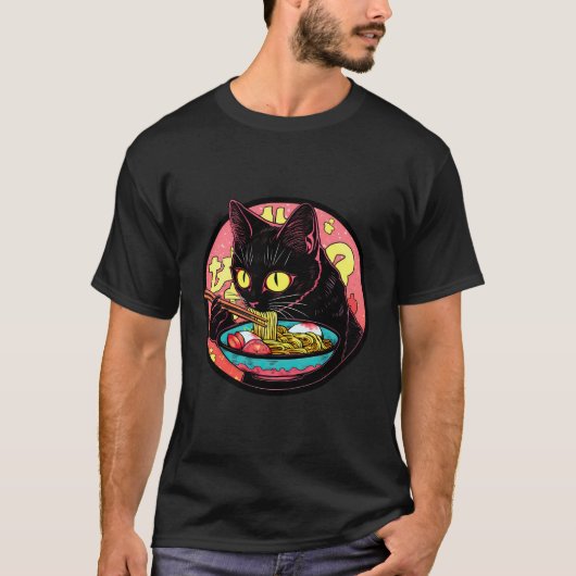 黒猫ラーメンおもしろいペットフ日本のェッド Tシャツ (正面)