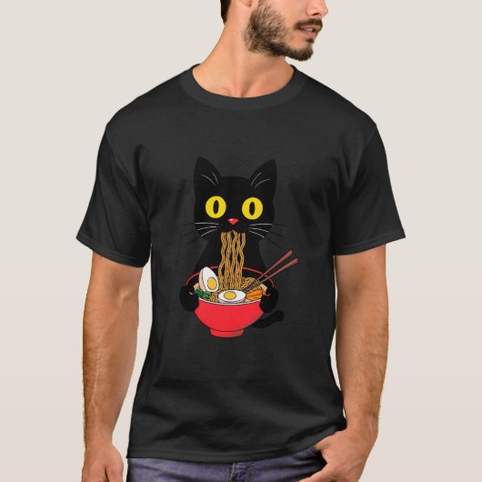 黒猫ラーメン食べかわいいアニメ日本 Tシャツ (正面)