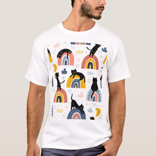 黒猫レインボウズファンタジー柄 Tシャツ (正面)