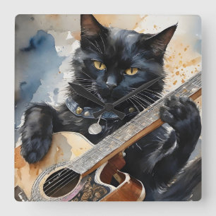 黒猫ロックスター遊アコースティックギター スクエア壁時計