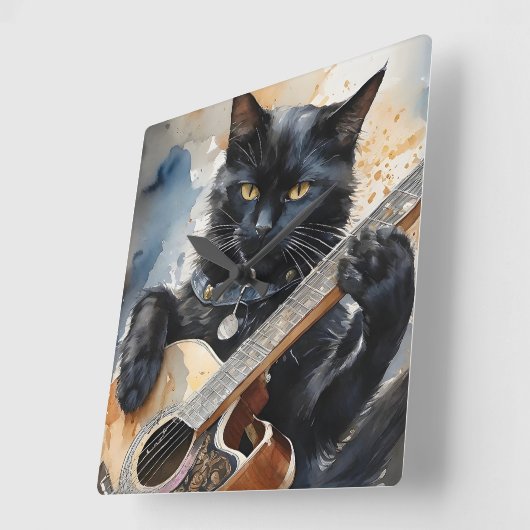 黒猫ロックスター遊アコースティックギター スクエア壁時計 (傾斜)