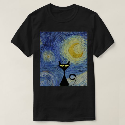 黒猫ヴァンゴッホ星空の夜のミュージアムラバーワゾ Tシャツ (デザイン正面)