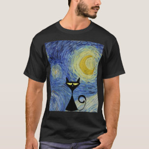 黒猫ヴァンゴッホ星空の夜のミュージアムラバーワゾ Tシャツ