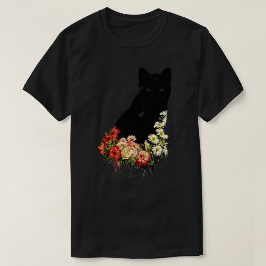黒猫ヴィンテージフラワーグッドラックバイトベフォンセカ Tシャツ (デザイン正面)