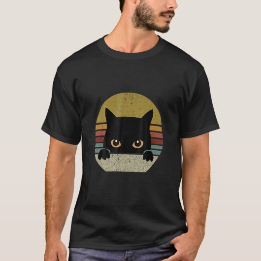 黒猫ヴィンテージレトロスタイル猫 Tシャツ (正面)