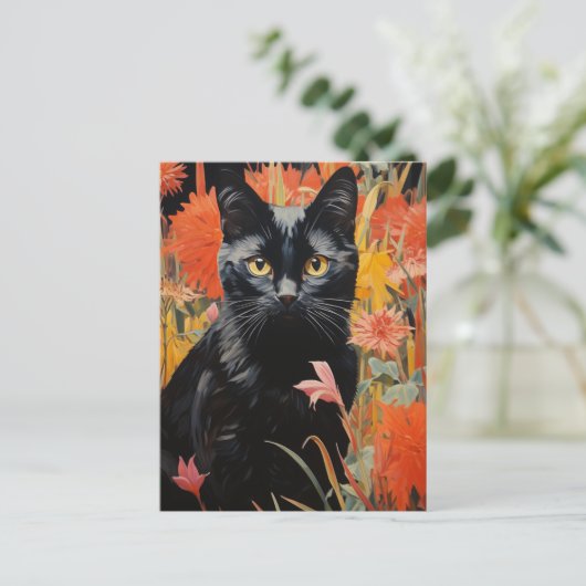 黒猫ヴィンテージ絵画花 ポストカード (スタンド正面)