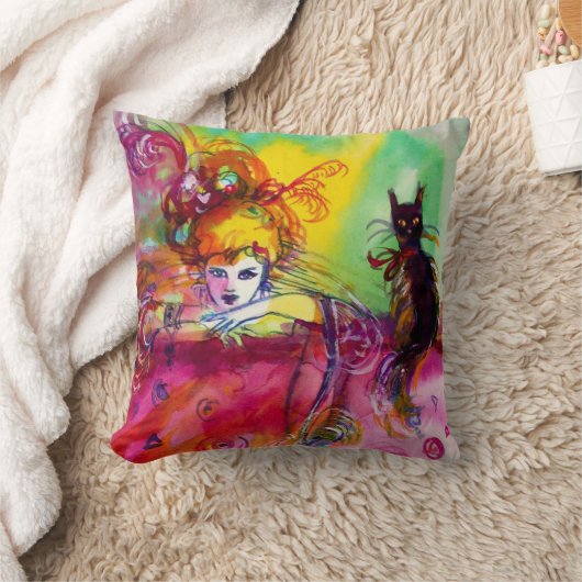 黒猫ヴェネツィアの仮面舞踏会を持つ女性 クッション (ブランケット)